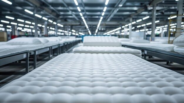 Keeyoto mattress manufacturing factory collage, full automatic production assembly line, workers assembling foam mattresses in clean production workshop