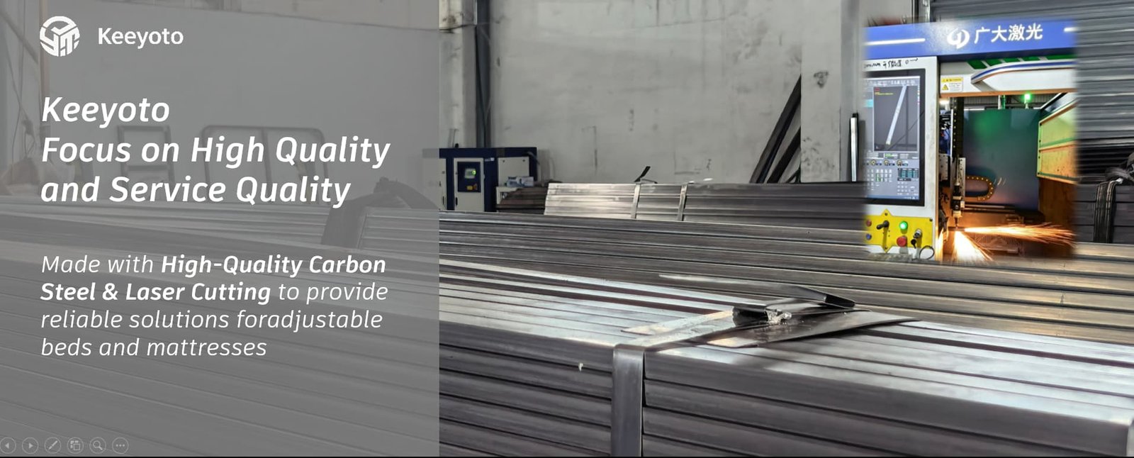 Keeyoto factory workshop banner, laser cutting high carbon steel raw materials for durable adjustable electric bed frame metal components