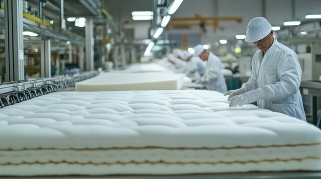 Keeyoto mattress manufacturing factory collage, full automatic production assembly line, workers assembling foam mattresses in clean production workshop